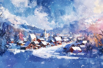 picturesque winter village blanketed in snow abstract pictorial banner background digital painting