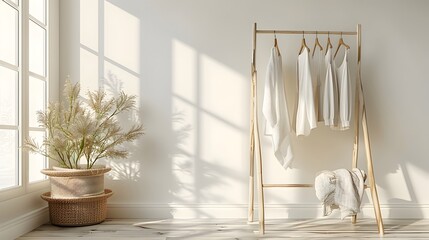A minimalist rack with neatly arranged women's against the backdrop of an empty room, symbolizing sustainable fashion and eco-friendly outfit choices.