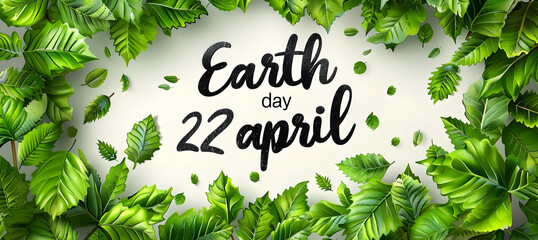 text earth day 22 april with fresh green leaves background, world environment day