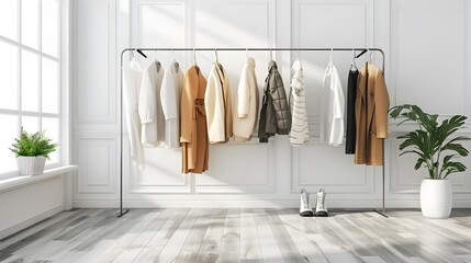 A minimalist rack with neatly arranged women's against the backdrop of an empty room, symbolizing sustainable fashion and eco-friendly outfit choices.