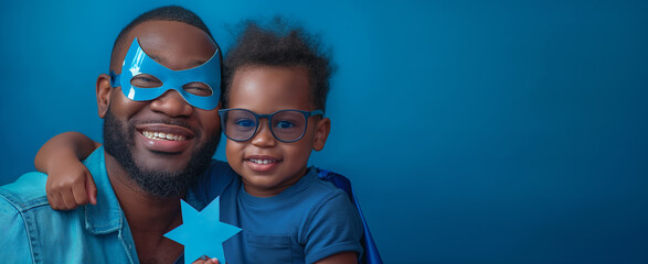 Happy African American father and son wearing matching blue outfits and superhero masks, celebrating Father's Day - Powered by Adobe