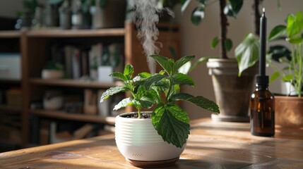 Potted peppermint plant with a diffuser releasing essential oil vapor