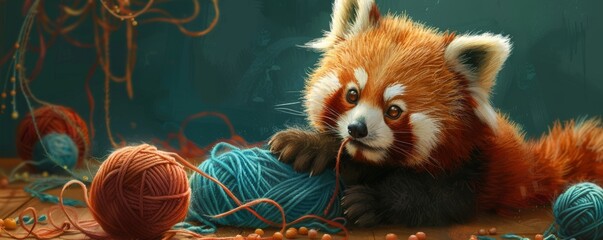 A cute red panda is playing with a ball of yarn