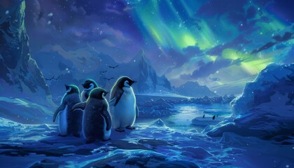 A group of penguins standing on the ice in Antarctica, with the Aurora Australis in the background.