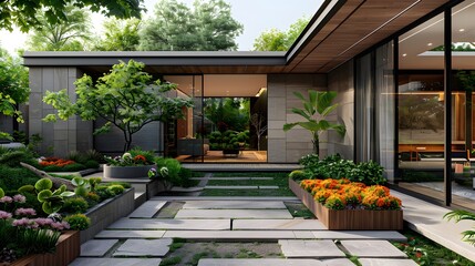 A modern, minimalist garden design with lush greenery and flowers in the front yard of an urban home. The landscape features stone pavers, wooden planters filled with shrubs and perennials