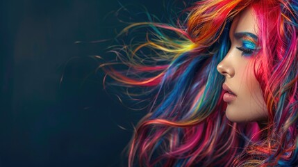 Profile of a woman with colorful hair and makeup on a dark background