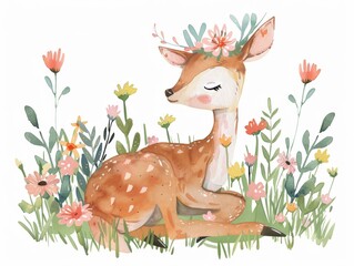 Cute watercolor deer in meadow with flowers. Perfect for kids room or nursery.