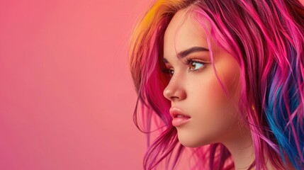 Profile of a woman with multicolored hair on a pink background