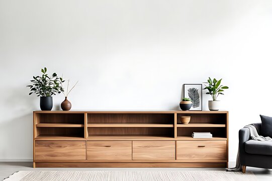 Fototapeta  Wooden cabinet and accessories decor in living room interior on empty white wall background 