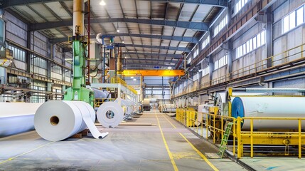 Paper Mills: Production lines for paper and cardboard, including large rolls and cutting machines. 