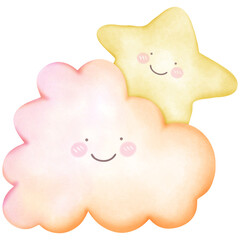 Cute sky watercolor cloud and star on transparent background