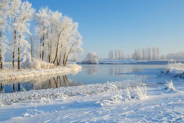serene winter landscape with frozen lake and snowcovered trees tranquil nature scenery