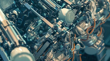 Close-up of robotic arms assembling a car engine, detailed mechanics, precise movements 