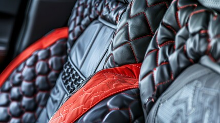 Car seats being upholstered, close-up, detailed stitching and fabric textures