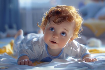 Cartoon realistic portrait of a baby playing