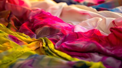 Textile dyeing process, close-up, vibrant dyes being applied, detailed fabric movement 