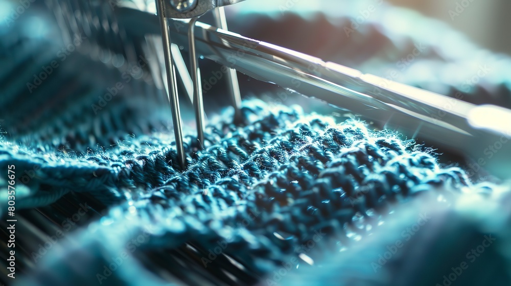 Poster knitting machine creating a sweater, close-up, detailed interlocking yarns, precise patterns