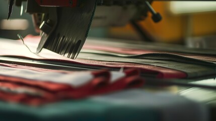 Close-up of a cutting machine slicing through layers of fabric, detailed blade and textiles 