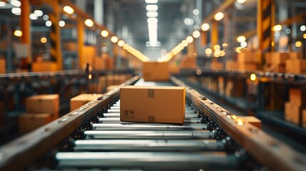 Cardboard boxes moving on a conveyor belt in a warehouse