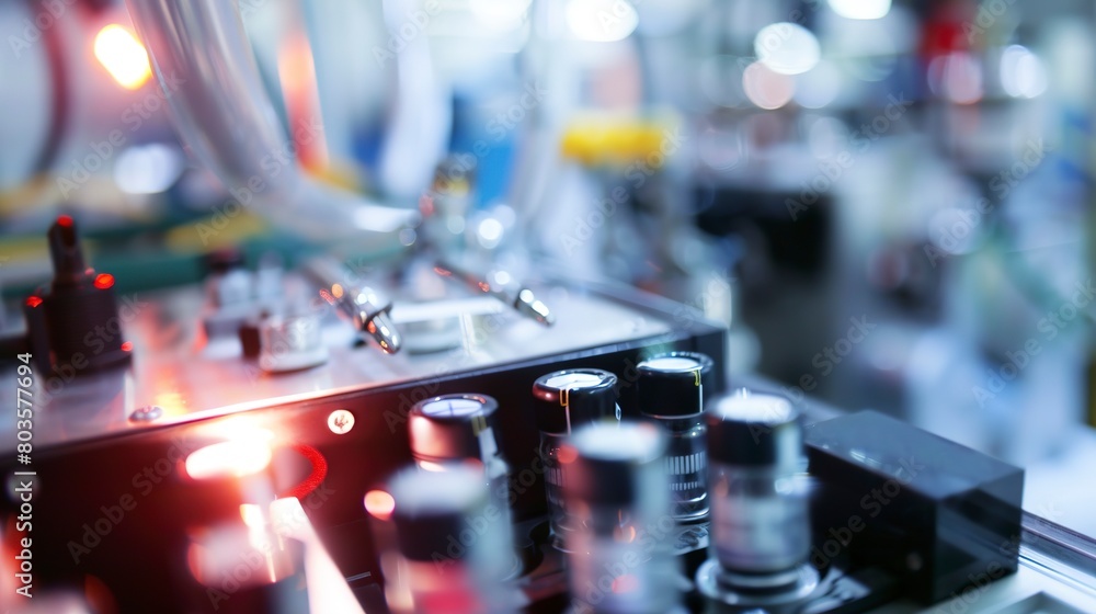 Poster battery testing in a tech factory, close-up, detailed measurement instruments and battery cells