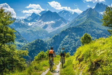 Fototapeta premium Cyclists against the backdrop of green hills and mountains