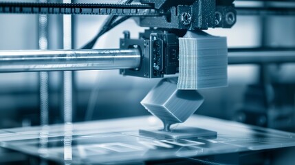 Close-up of a 3D printer creating a prototype, detailed extrusion of material, layer formation