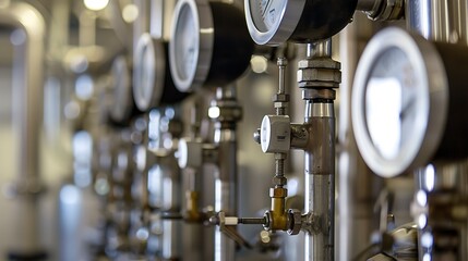 Monitoring gauges on a distillation column, close-up, detailed pressure readings and dials