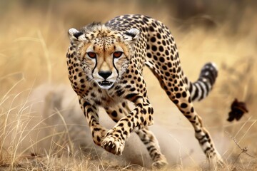 A cheetah in mid stride muscles tensed and focused on its prey.