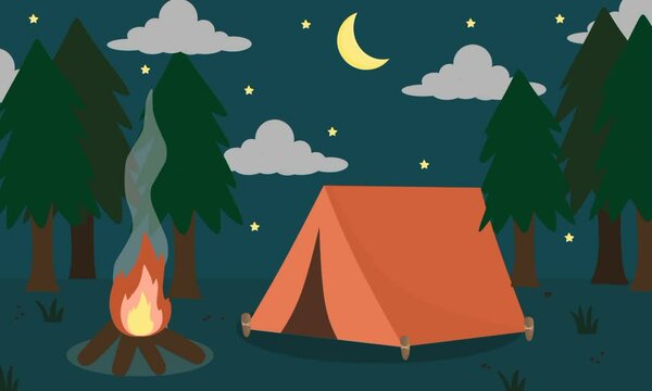 Summer camp animation, camping loop cartoon, tent with campfire at night