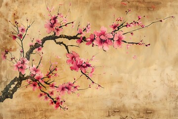 traditional japanese painting of cherry blossom tree on old paper vintage style