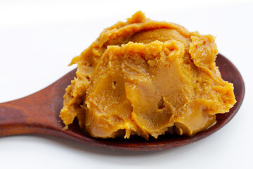 Japanese miso paste on white background.