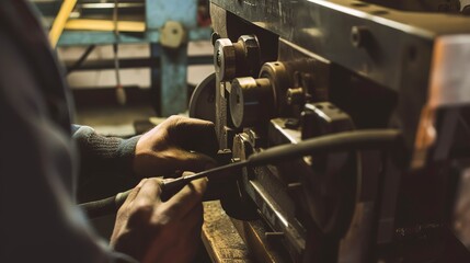 Technician calibrating a paper milling machine, close-up, detailed adjustments and tools