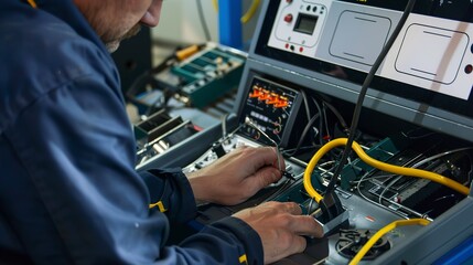 Technician adjusting the settings on a plastic welding machine, close-up, detailed controls and tools