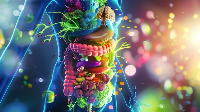 A 3D human digestive system shown in a clear, happy body, with foods transforming into nutrients