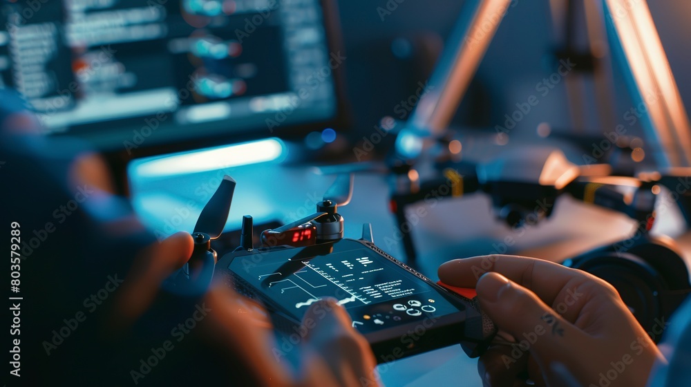 Poster technician programming a drone's flight controller, close-up, detailed screen and coding
