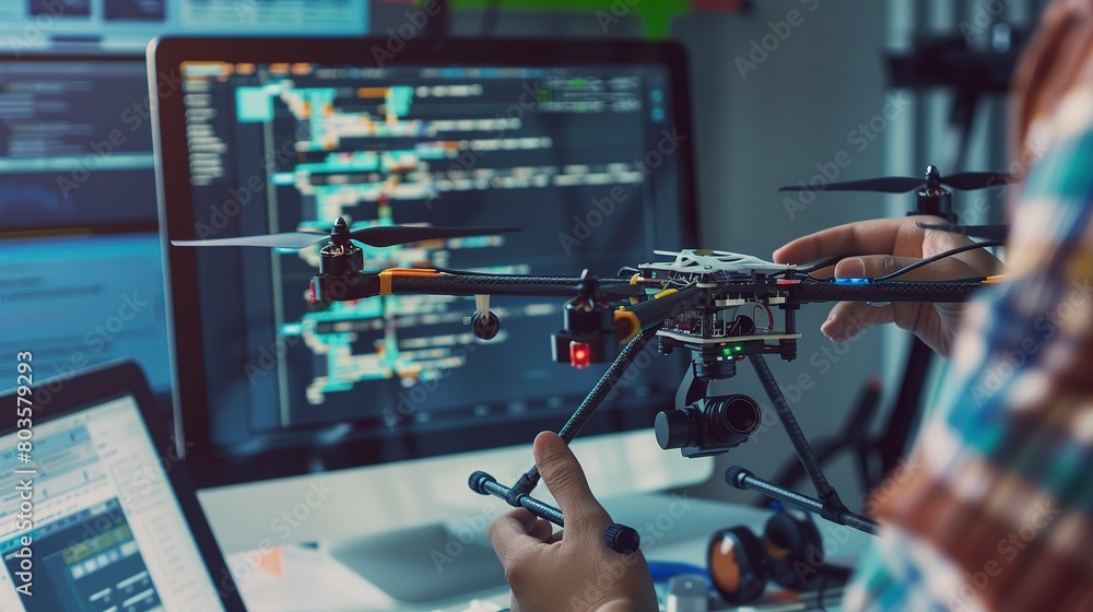 Poster technician programming a drone's flight controller, close-up, detailed screen and coding