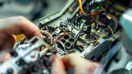 Assembling cockpit instrumentation for a fighter jet, close-up, detailed wiring and calibration 