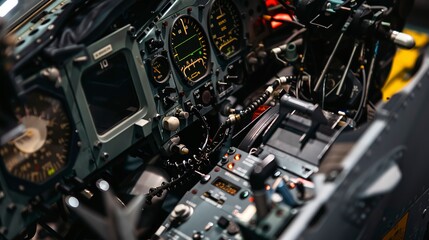 Assembling cockpit instrumentation for a fighter jet, close-up, detailed wiring and calibration