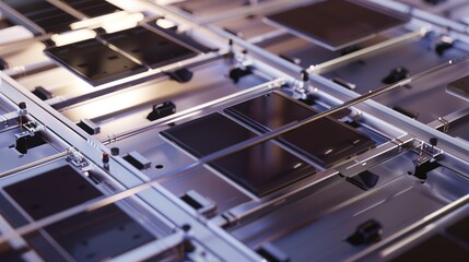 Close-up of solar panel assembly, detailed cell placement and soldering, precision alignment 