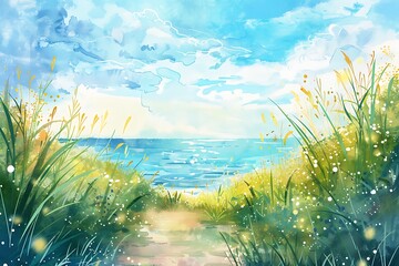 watercolor illustration of a serene summer meadow leading to a sparkling sea