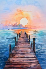 sea pier at sunset using vibrant watercolors