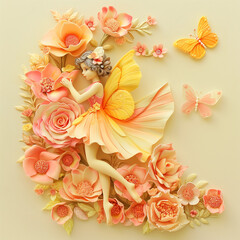 Beautiful Pink Greeting Card with Fairy in Flower Arrangement 