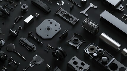 this image shows multiple pieces of equipment on a black background, in the style of subtle tonal gradations, monochromatic graphic design