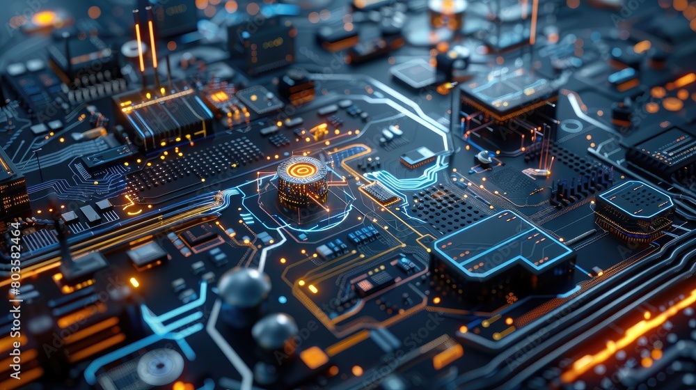 Poster the image shows the close-up of a computer circuit board with glowing orange and blue lights.
