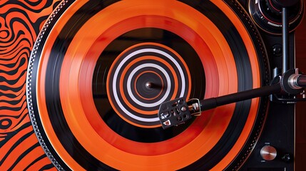 Hypnotic spirals on a vintage vinyl record spinning on a turntable