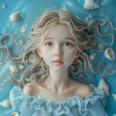 Cute Girl in Blue Dress with Shell Background - Sea of Dreams 
