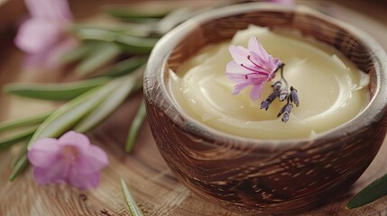 Natural organic shea butter in wooden bowl with lavender flowers and rosemary on wooden background.