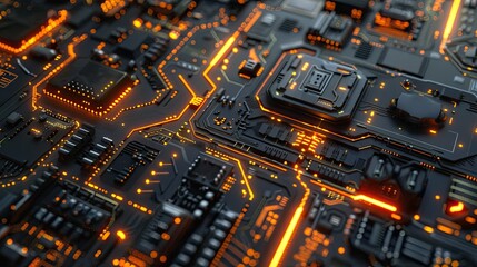 Fototapeta premium The image shows a close-up of a computer circuit board with orange glowing lines.