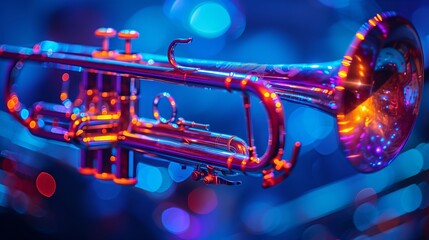 Fototapeta premium Glowing Brass Trumpet with Reflective Orange Highlights Under Vibrant Blue Stage Lights and Bokeh