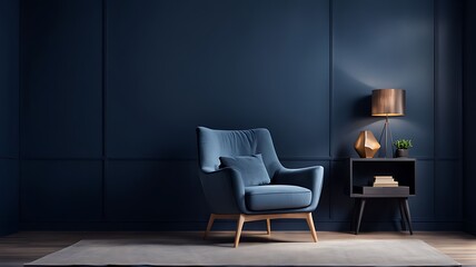 Modern interior of living room with leather armchair on wood flooring and dark blue wall 